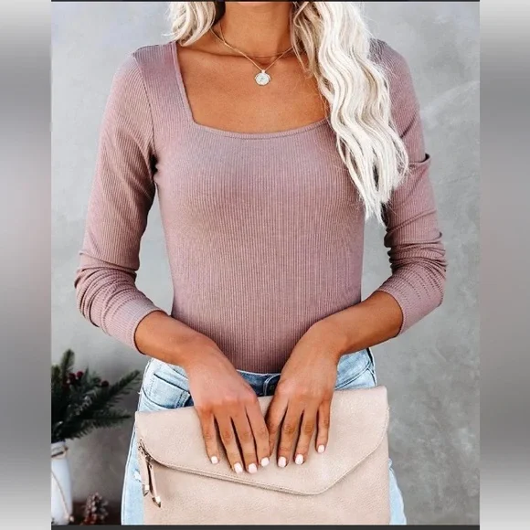 VICI Trina Square Neck Ribbed Bodysuit in Mocha Tan Cognac Light Brown Nude - Picture 2 of 8